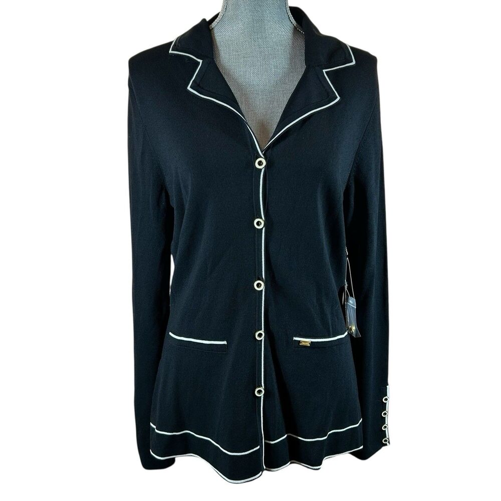 Tesori Sweater Jacket Blazer Cardigan Womens Sz L Black White Trim Button Up NOS